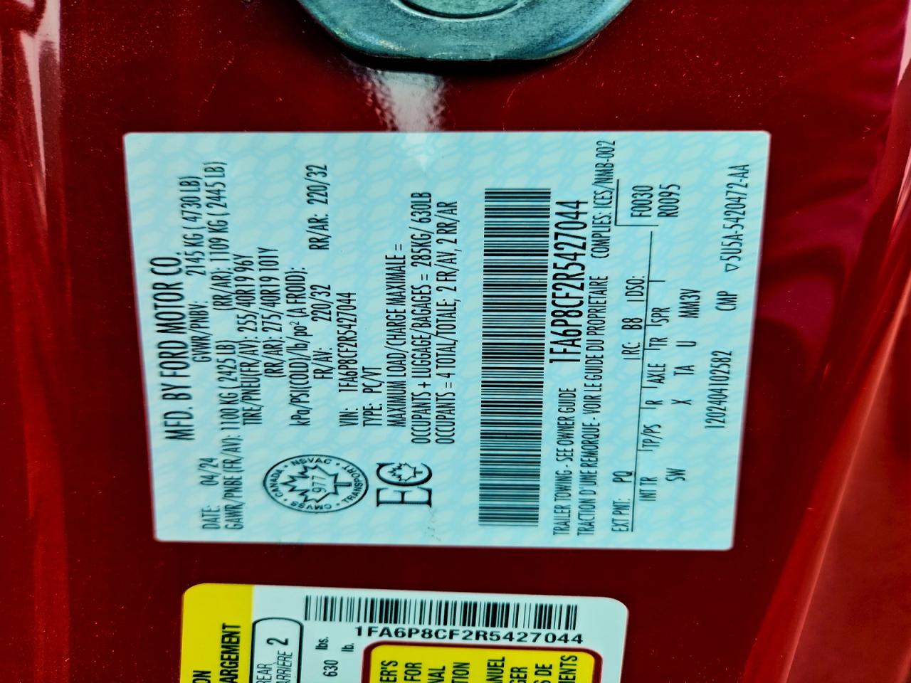 2024 Ford Mustang Gt VIN: 1FA6P8CF2R5427044 Lot: 93737585