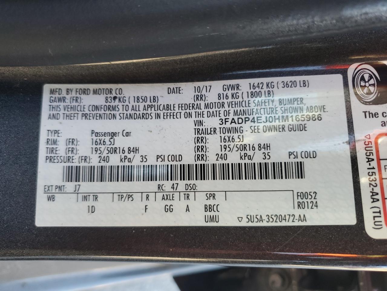 2017 Ford Fiesta Se VIN: 3FADP4EJ0HM165986 Lot: 91275275