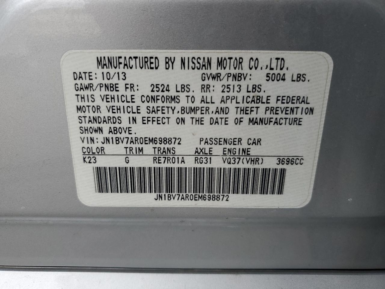 2014 Infiniti Q50 Base VIN: JN1BV7AR0EM698872 Lot: 92173215