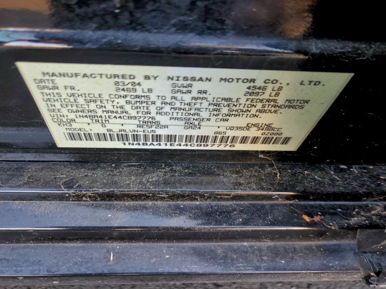 2004 Nissan Maxima Se VIN: 1N4BA41E44C897776 Lot: 94569025