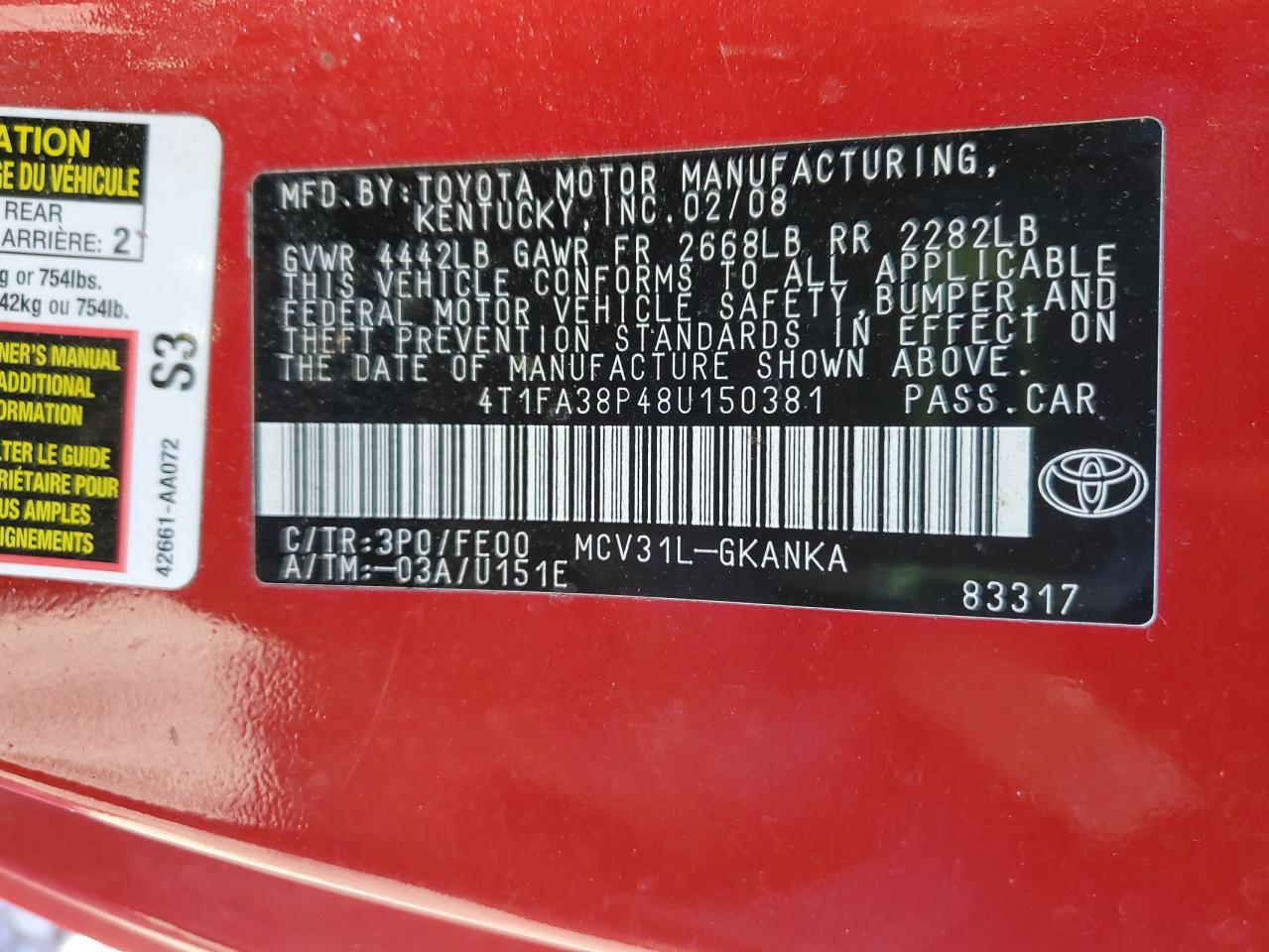 2008 Toyota Camry Solara Se VIN: 4T1FA38P48U150381 Lot: 92289545