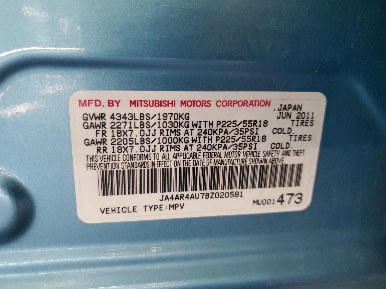 2011 Mitsubishi Outlander Sport Se VIN: JA4AR4AU7BZ020581 Lot: 82612355