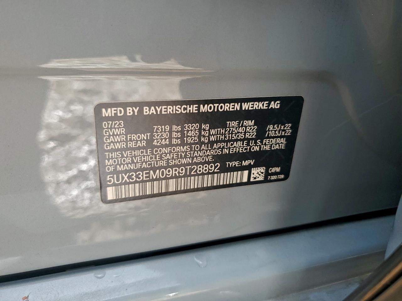 2024 BMW X7 M60I VIN: 5UX33EM09R9T28892 Lot: 93849935