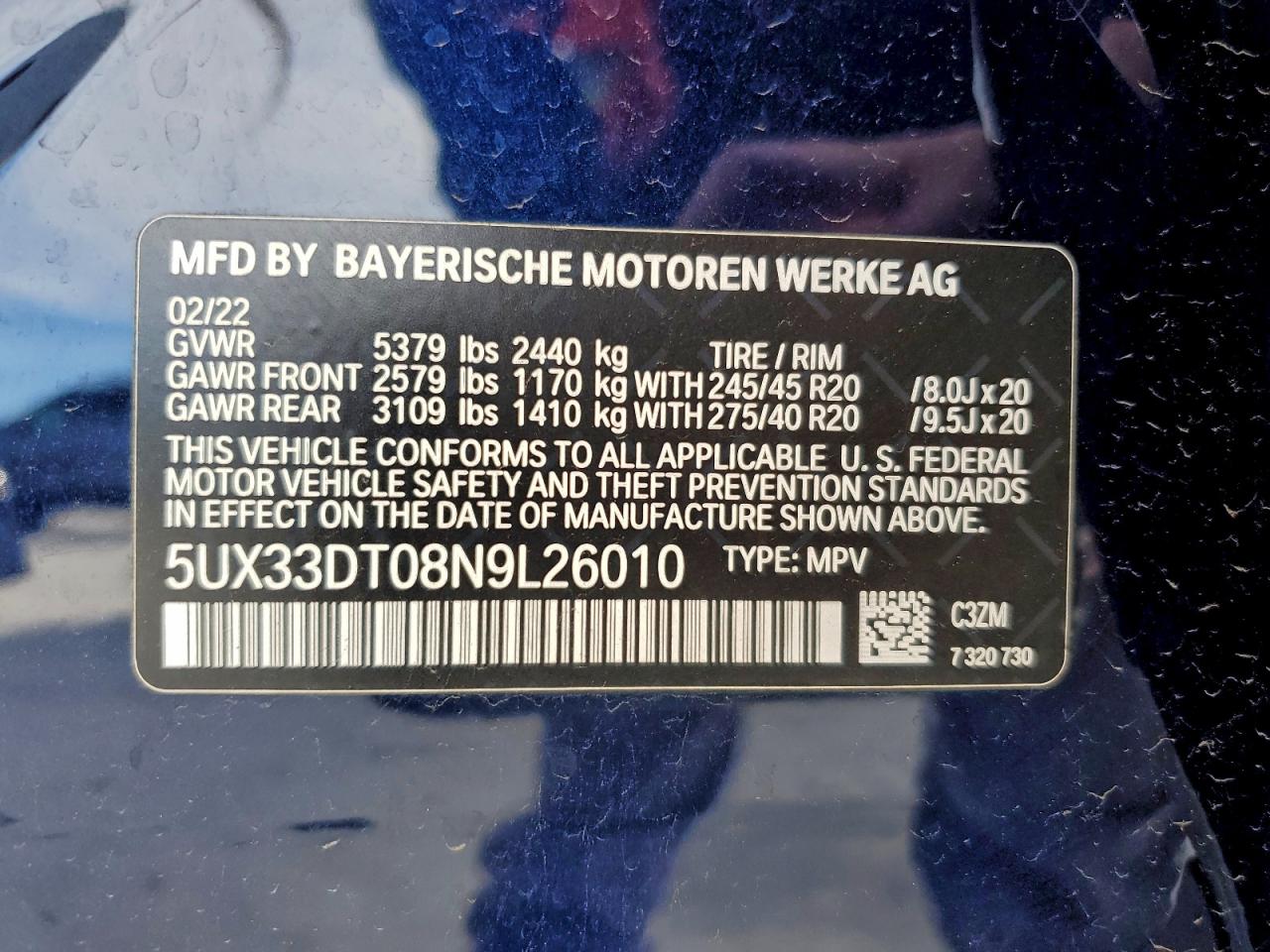 2022 BMW X4 xDrive30I VIN: 5UX33DT08N9L26010 Lot: 93122975