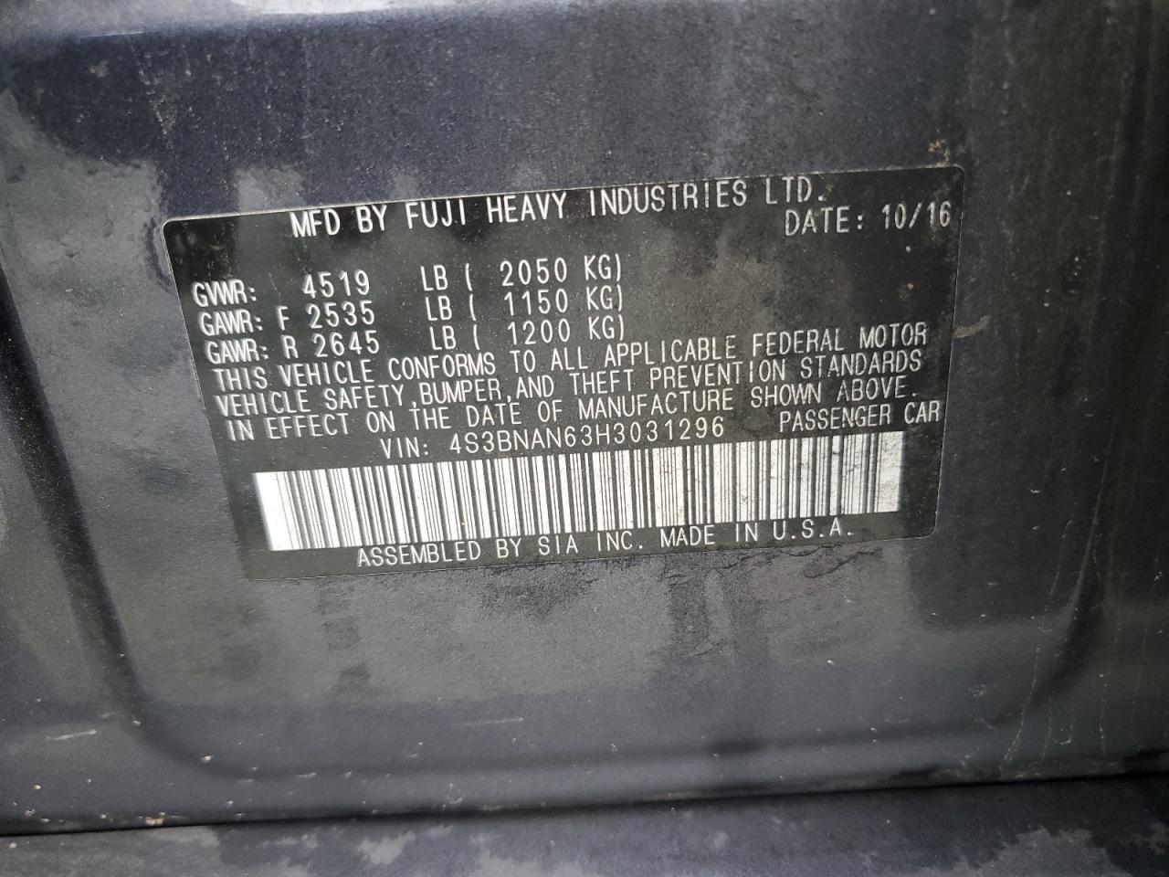 2017 Subaru Legacy 2.5I Limited VIN: 4S3BNAN63H3031296 Lot: 90098325