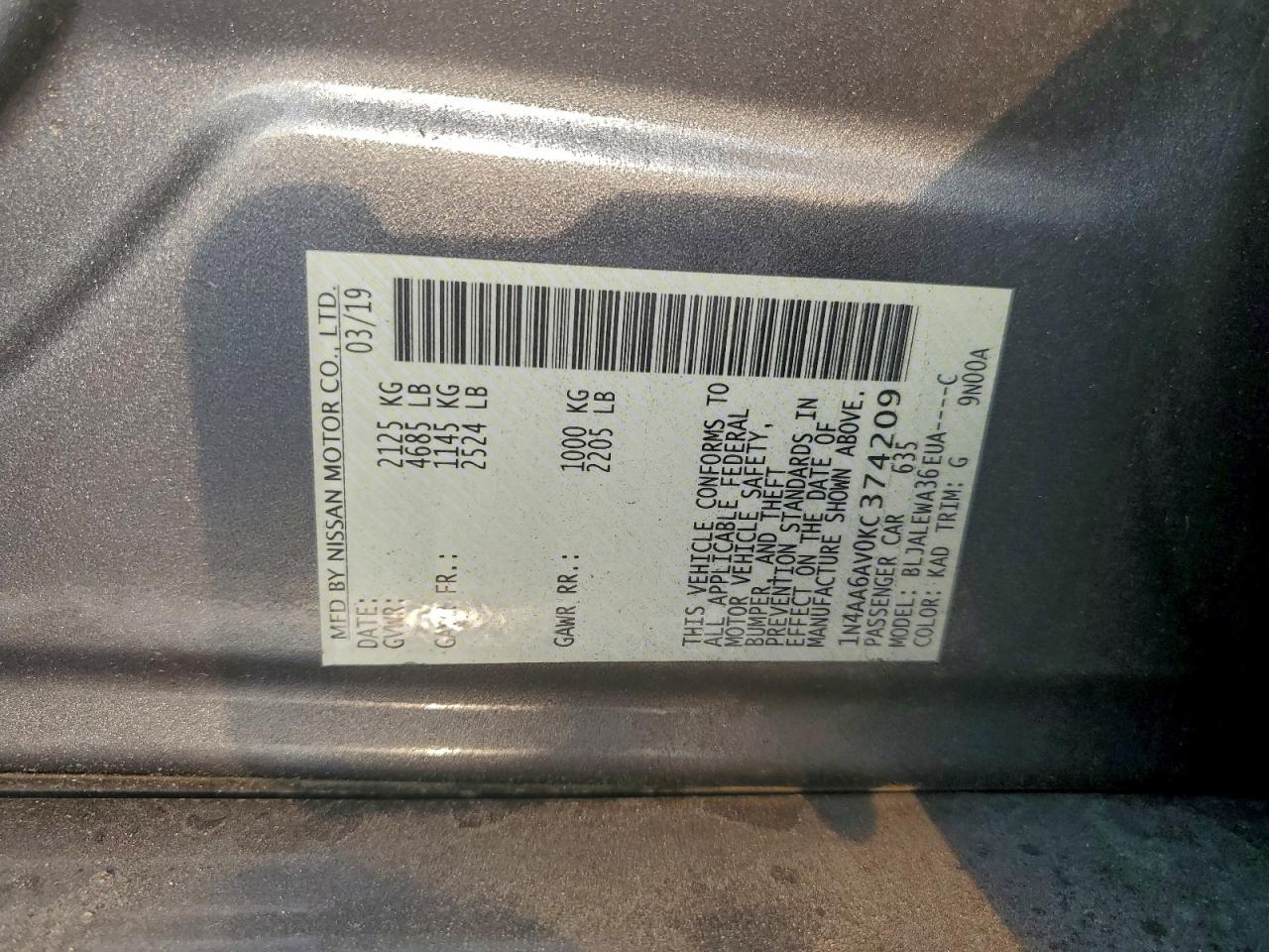 2019 Nissan Maxima S VIN: 1N4AA6AV0KC374209 Lot: 93177415