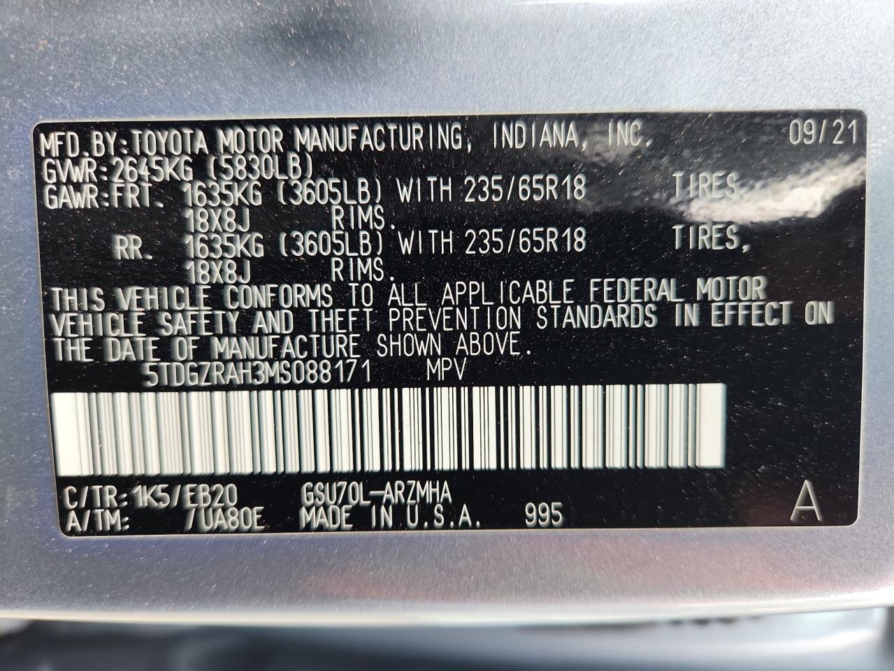 2021 Toyota Highlander Xle VIN: 5TDGZRAH3MS088171 Lot: 93212075