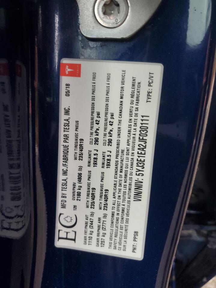 2018 Tesla Model 3 VIN: 5YJ3E1EA2JF030111 Lot: 90498985
