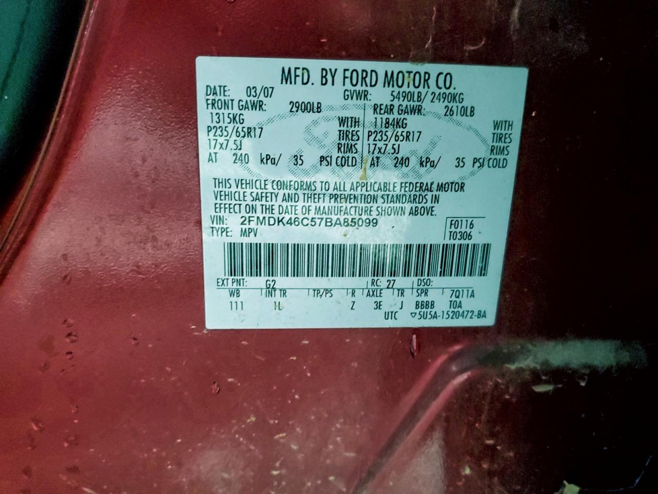 2007 Ford Edge Se VIN: 2FMDK46C57BA85099 Lot: 94085165