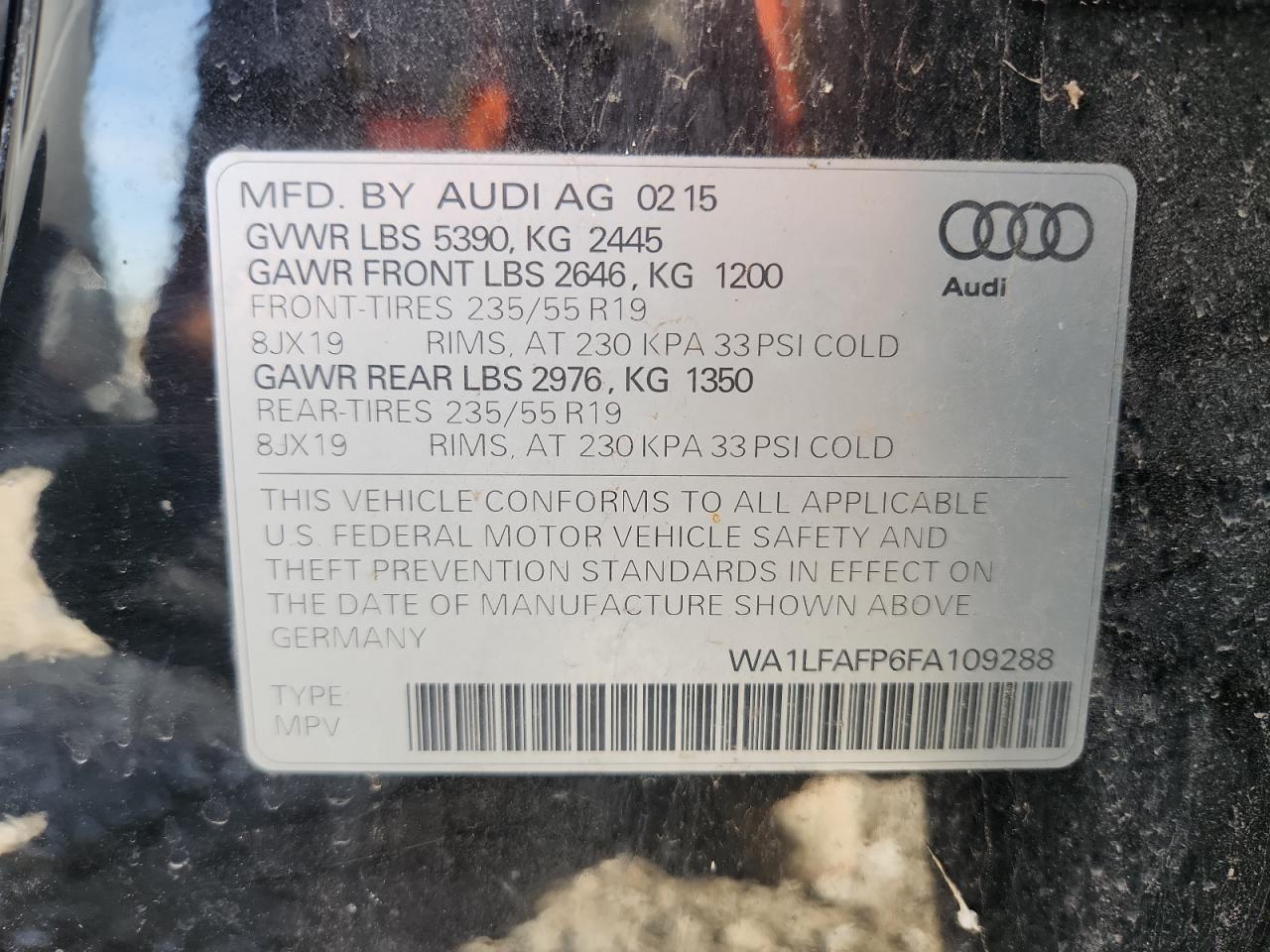 2015 Audi Q5 Premium Plus VIN: WA1LFAFP6FA109288 Lot: 92232995