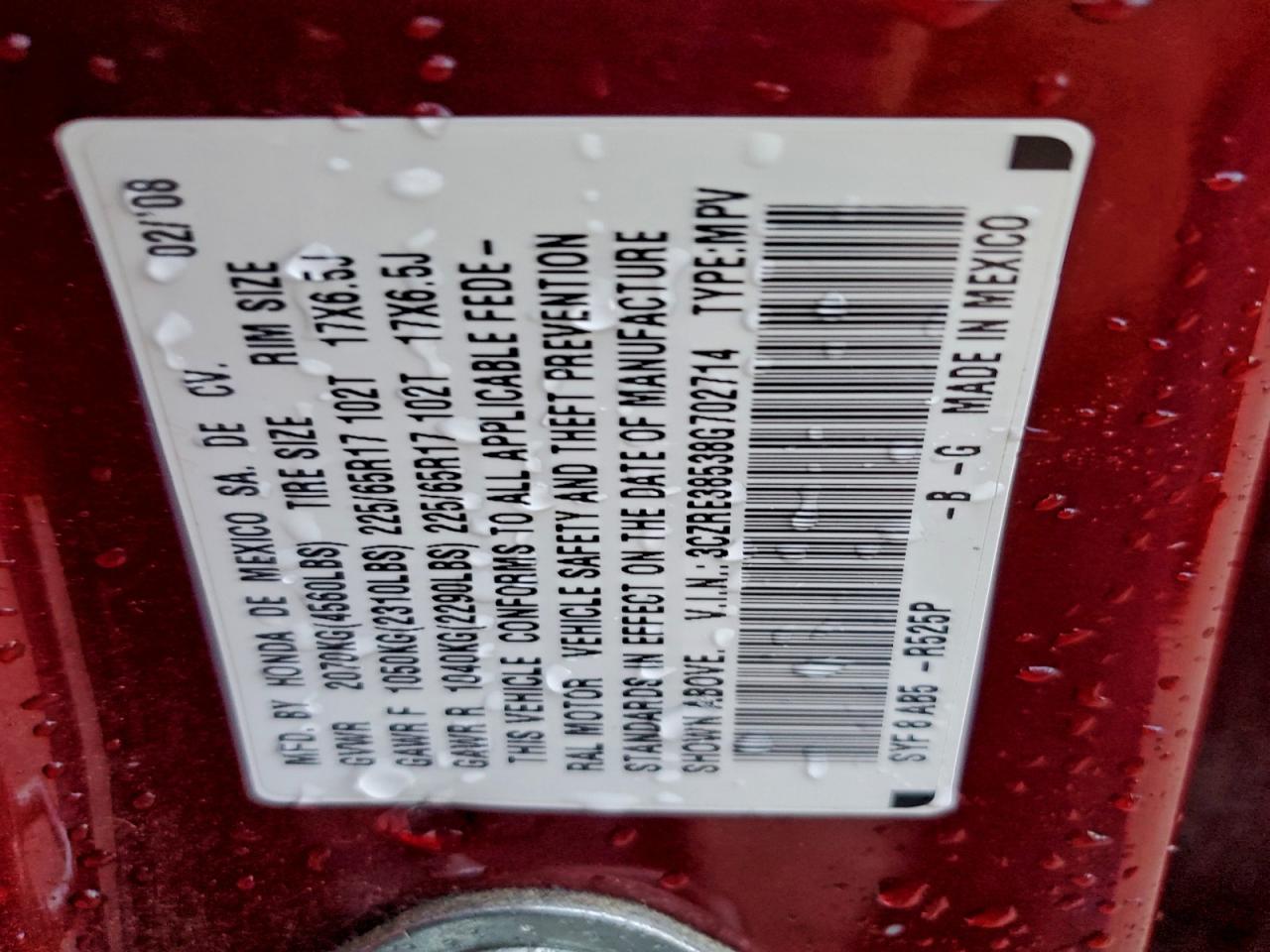 2008 Honda Cr-V Ex VIN: 3CZRE38538G702714 Lot: 93912405