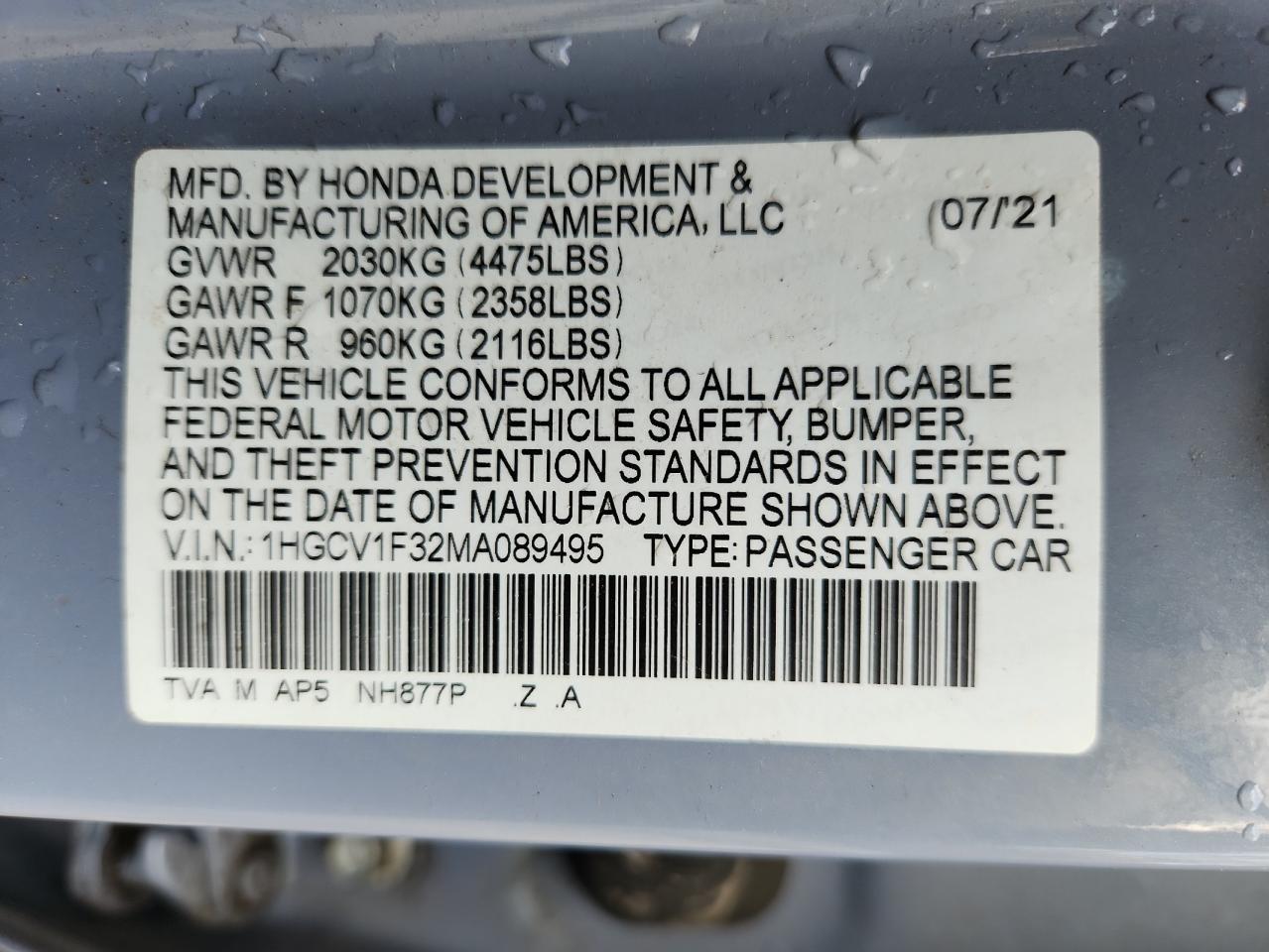 2021 Honda Accord Sport VIN: 1HGCV1F32MA089495 Lot: 93286515