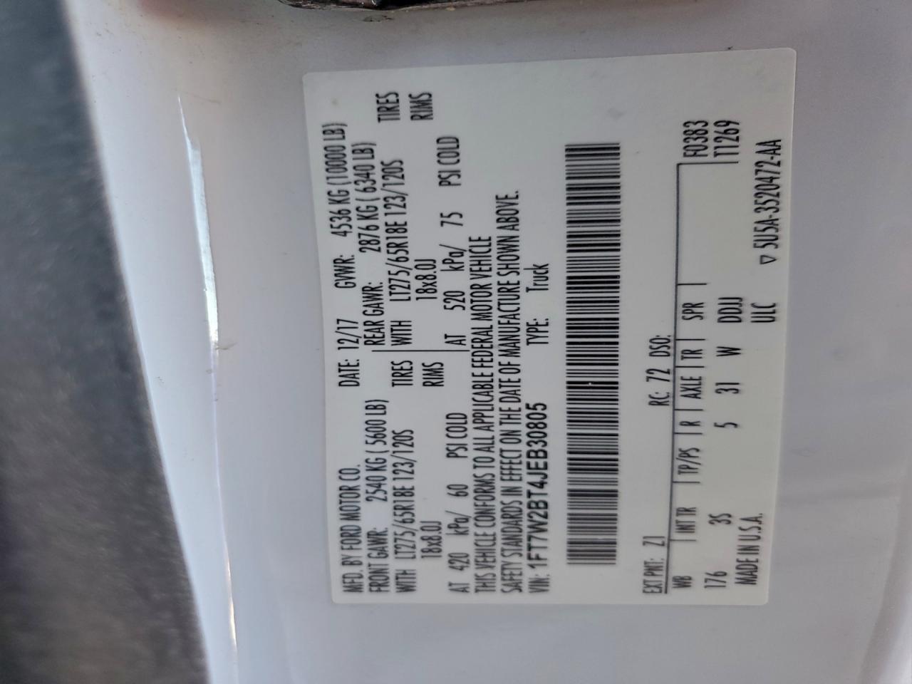 2018 Ford F250 Super Duty VIN: 1FT7W2BT4JEB30805 Lot: 93982335