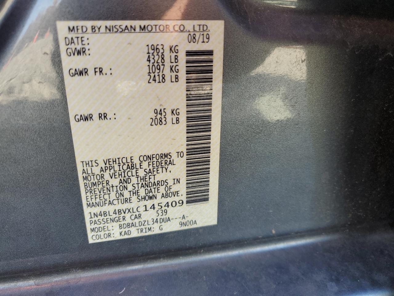 2020 Nissan Altima S VIN: 1N4BL4BVXLC145409 Lot: 92332945