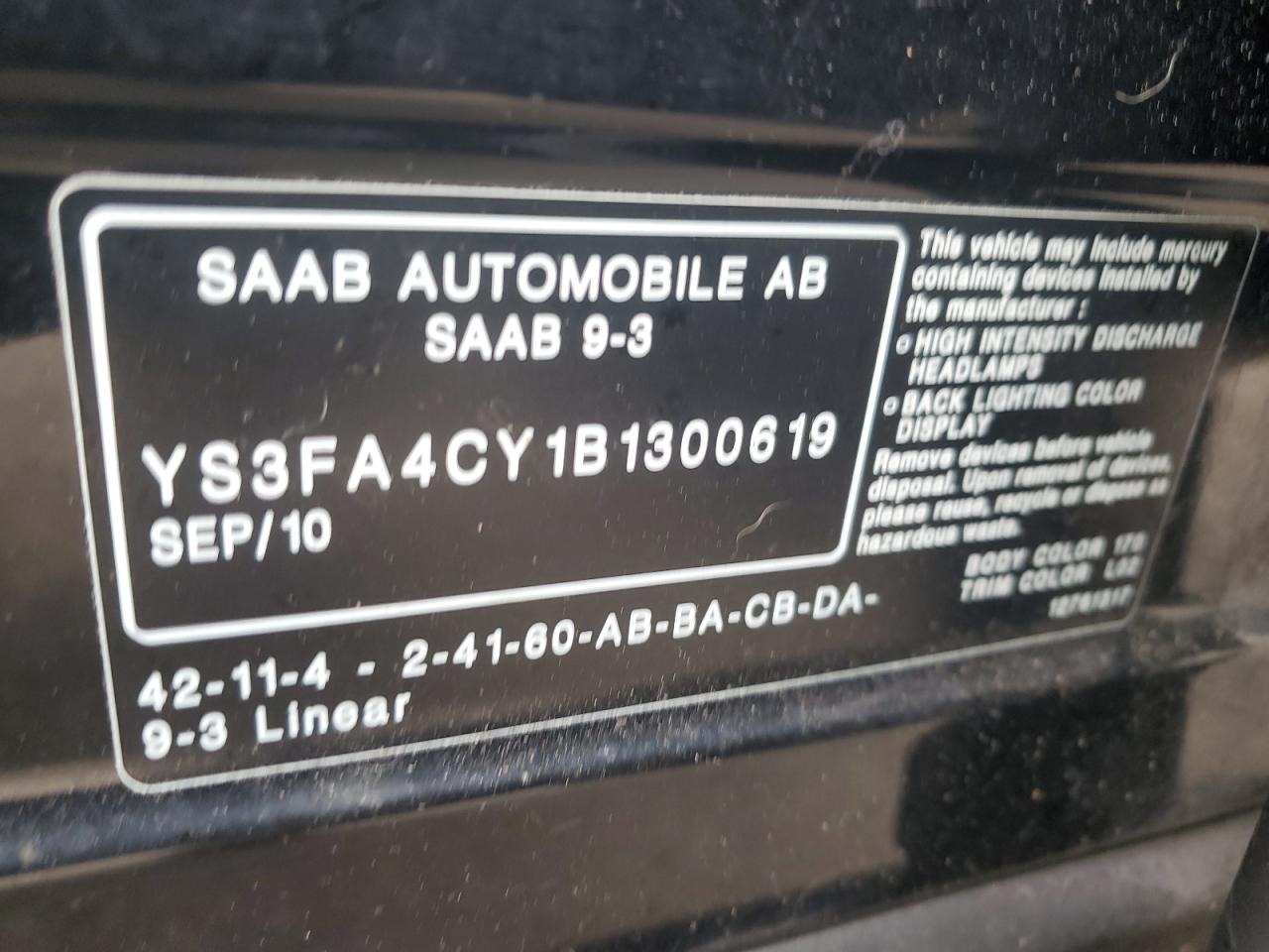 2011 Saab 9-3 2.0T VIN: YS3FA4CY1B1300619 Lot: 92678425