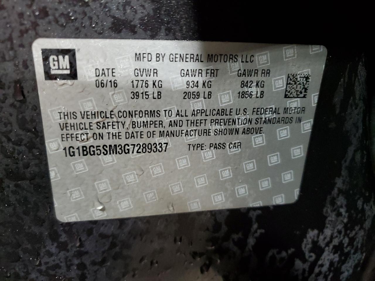2016 Chevrolet Cruze Premier VIN: 1G1BG5SM3G7289337 Lot: 92123845