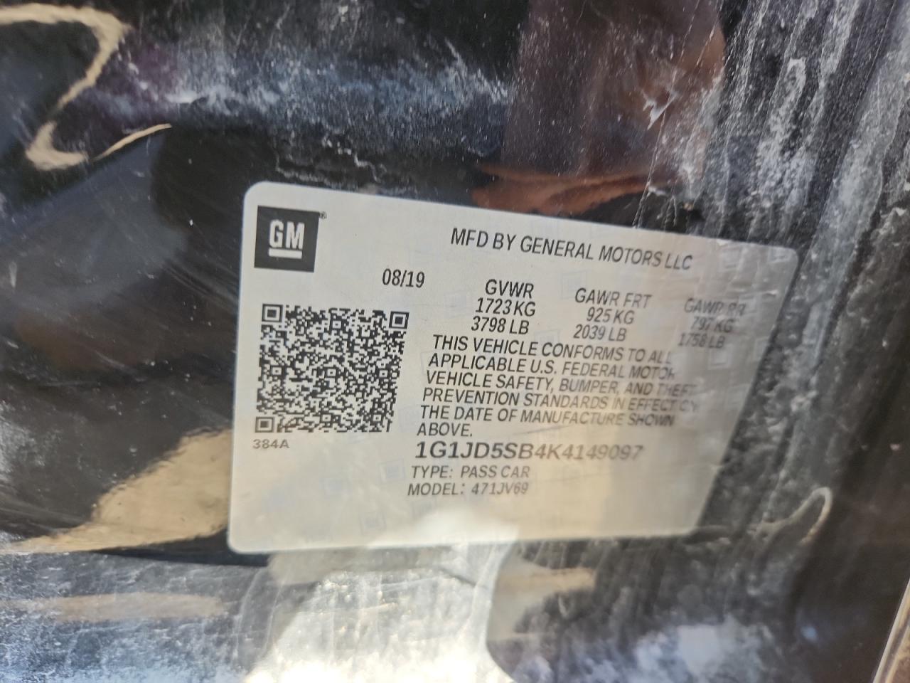 2019 Chevrolet Sonic Lt VIN: 1G1JD5SB4K4149097 Lot: 92269925