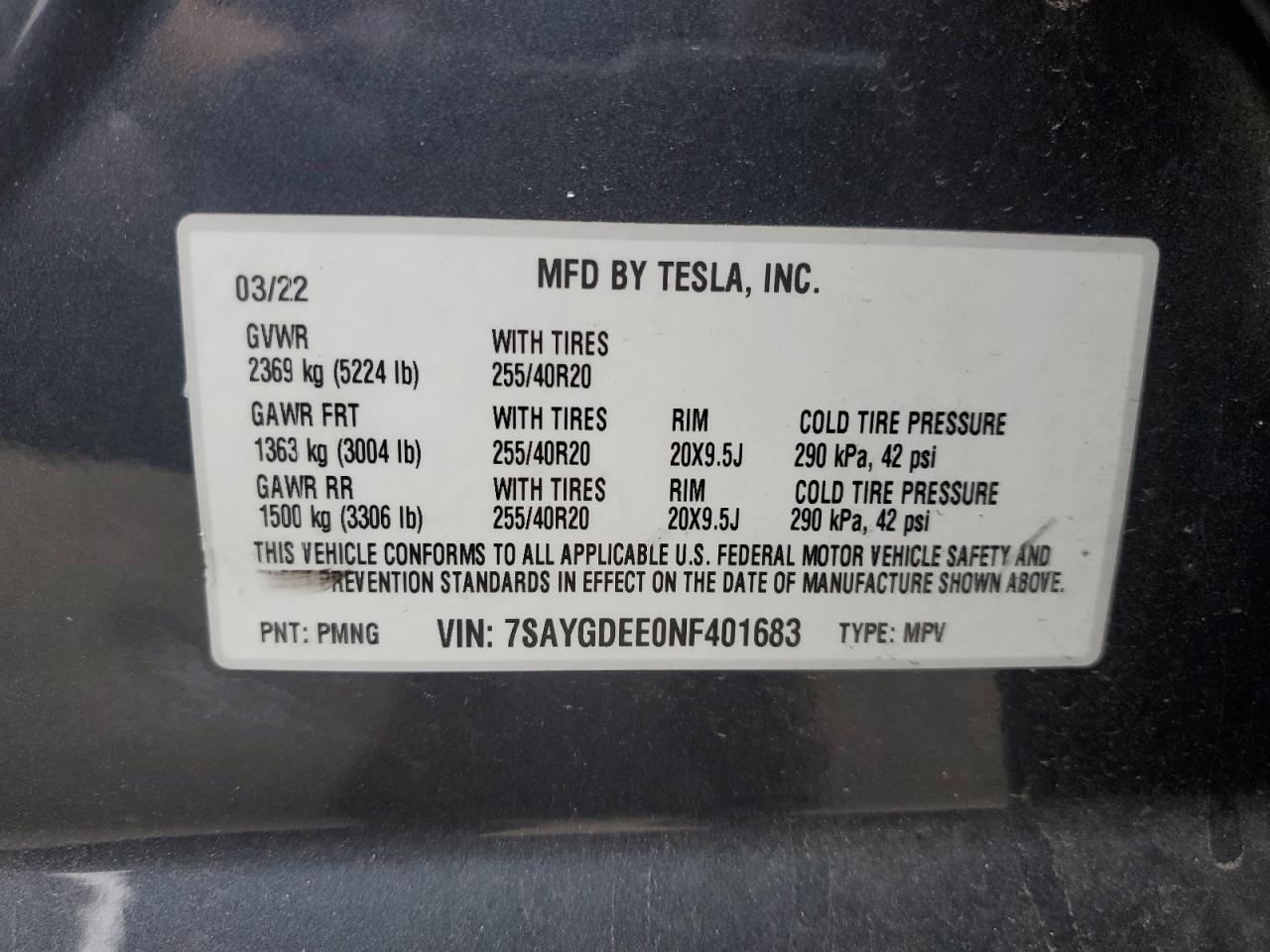 2022 Tesla Model Y VIN: 7SAYGDEE0NF401683 Lot: 91700095