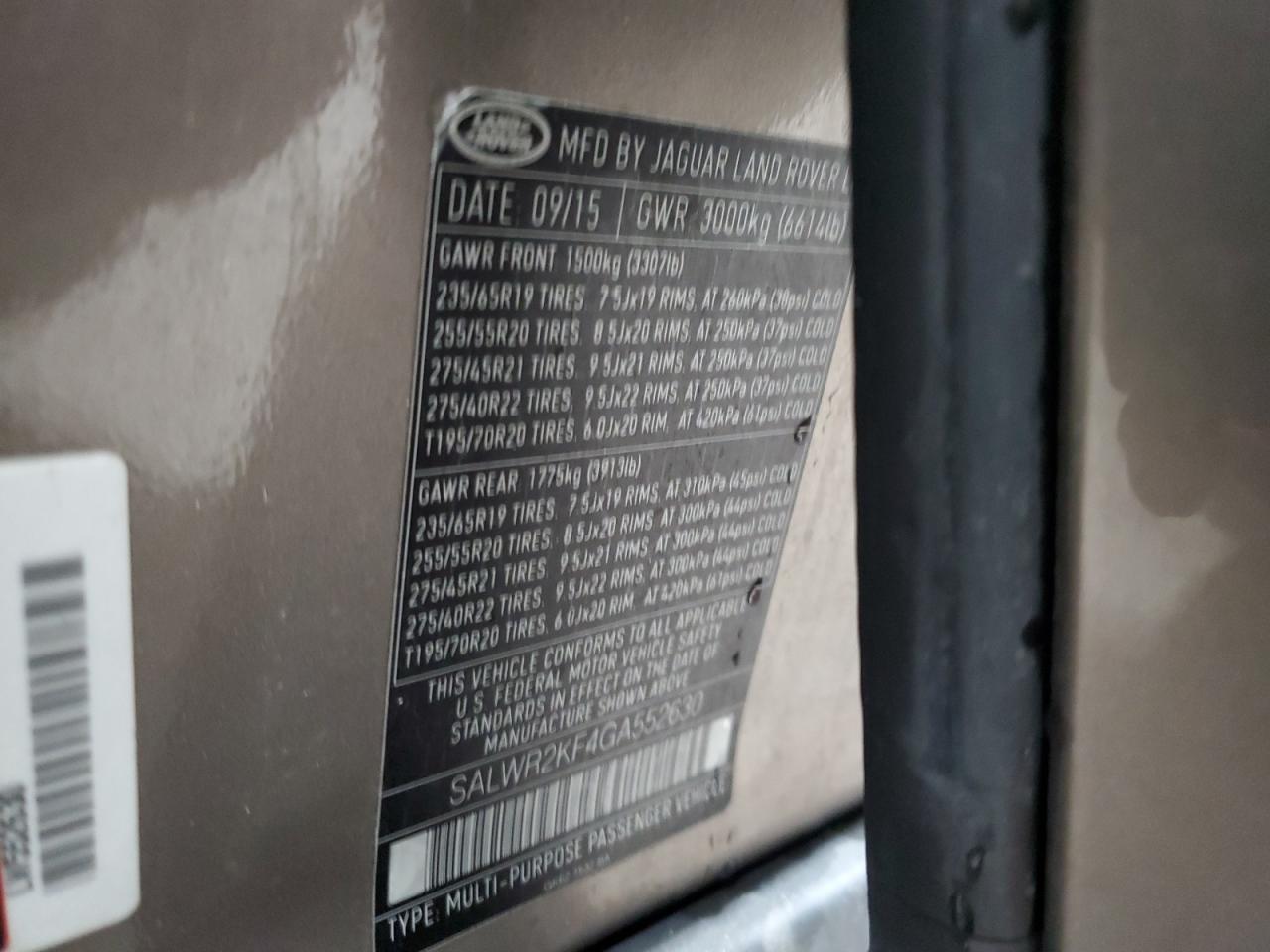 2016 Land Rover Range Rover Sport Hse VIN: SALWR2KF4GA552630 Lot: 92761975