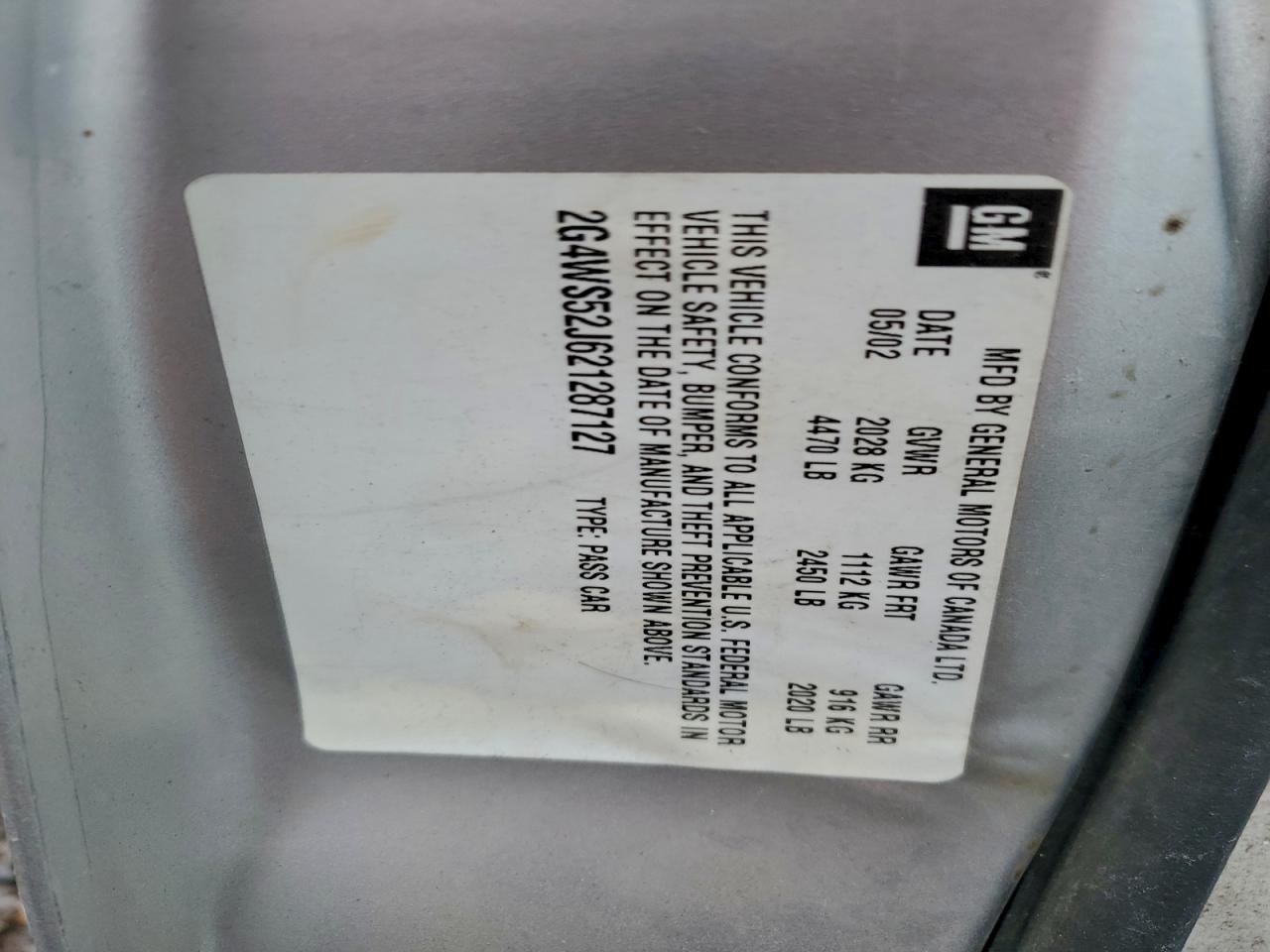 2002 Buick Century Custom VIN: 2G4WS52J621287127 Lot: 92280225