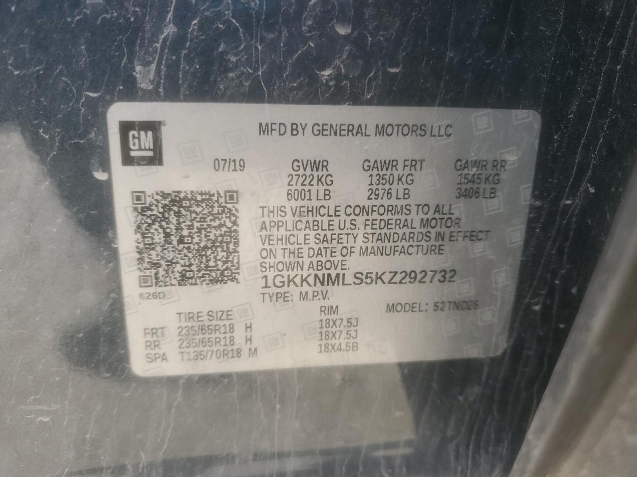 2019 GMC Acadia Slt-1 VIN: 1GKKNMLS5KZ292732 Lot: 92129725