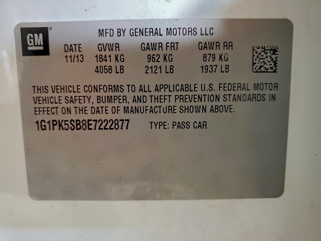 2014 Chevrolet Cruze Lt VIN: 1G1PK5SB8E7222877 Lot: 94773015