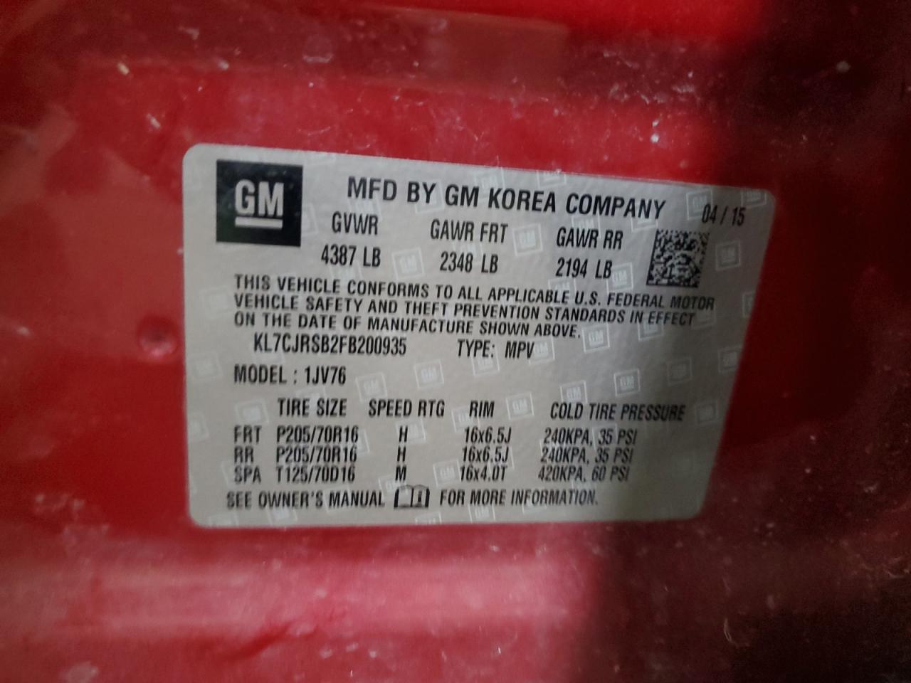 2015 Chevrolet Trax 1Lt VIN: KL7CJRSB2FB200935 Lot: 91325895