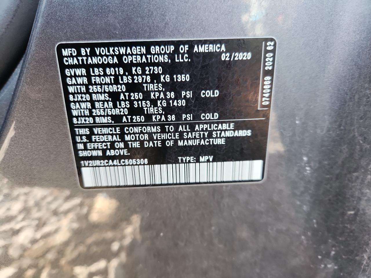 2020 Volkswagen Atlas Se VIN: 1V2UR2CA4LC505306 Lot: 93083375