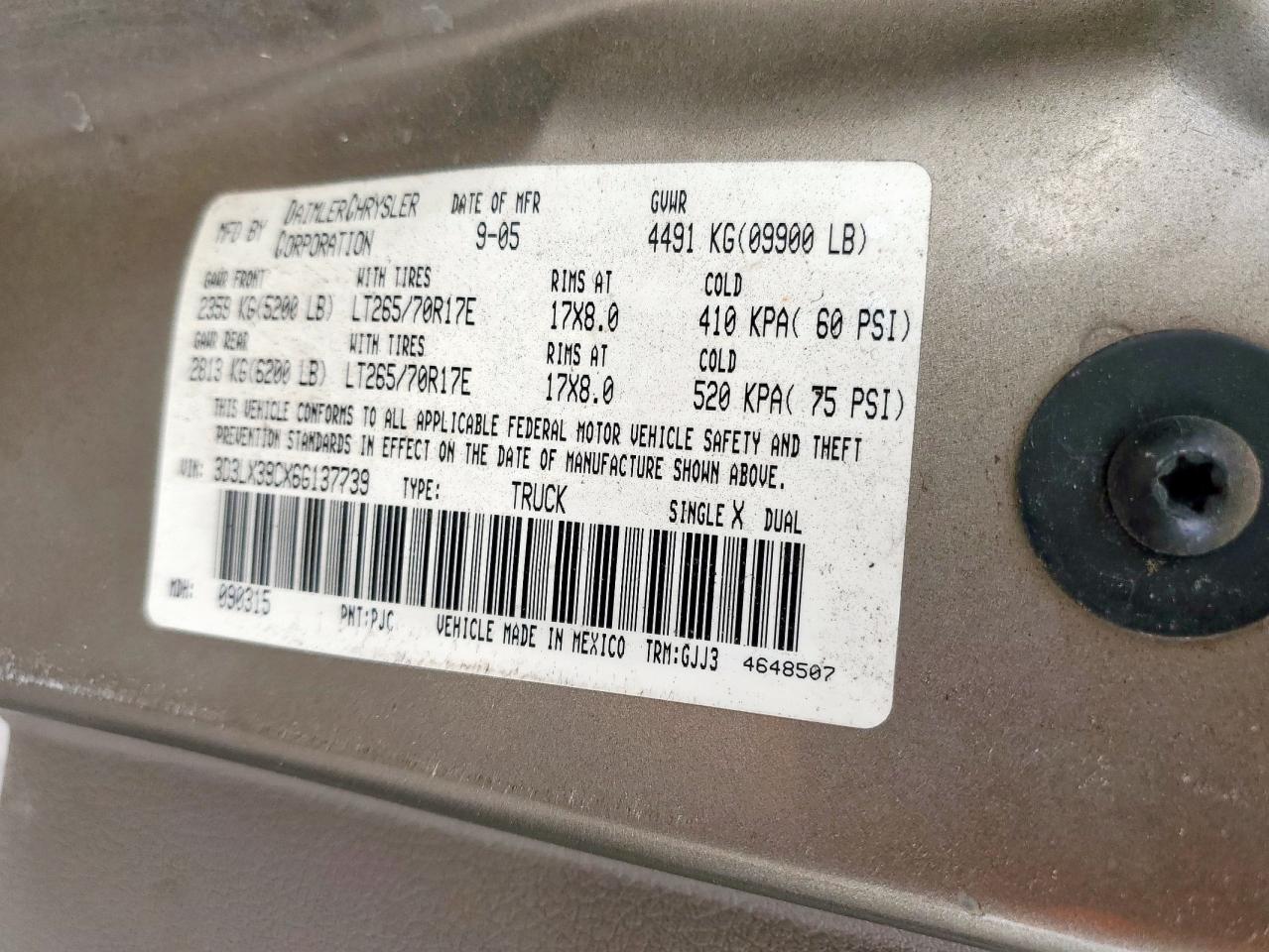 2006 Dodge Ram 3500 VIN: 3D3LX39CX6G137739 Lot: 93621635