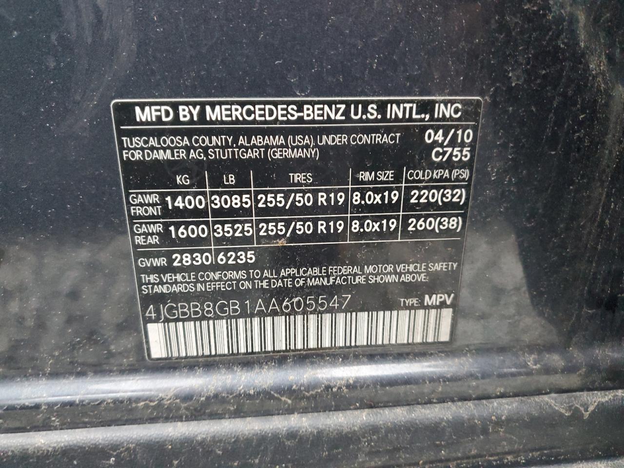 2010 Mercedes-Benz Ml 350 4Matic VIN: 4JGBB8GB1AA605547 Lot: 93107315