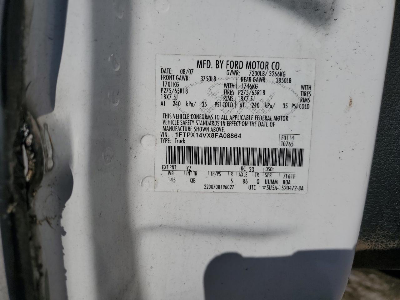 2008 Ford F150 VIN: 1FTPX14VX8FA08864 Lot: 91184965