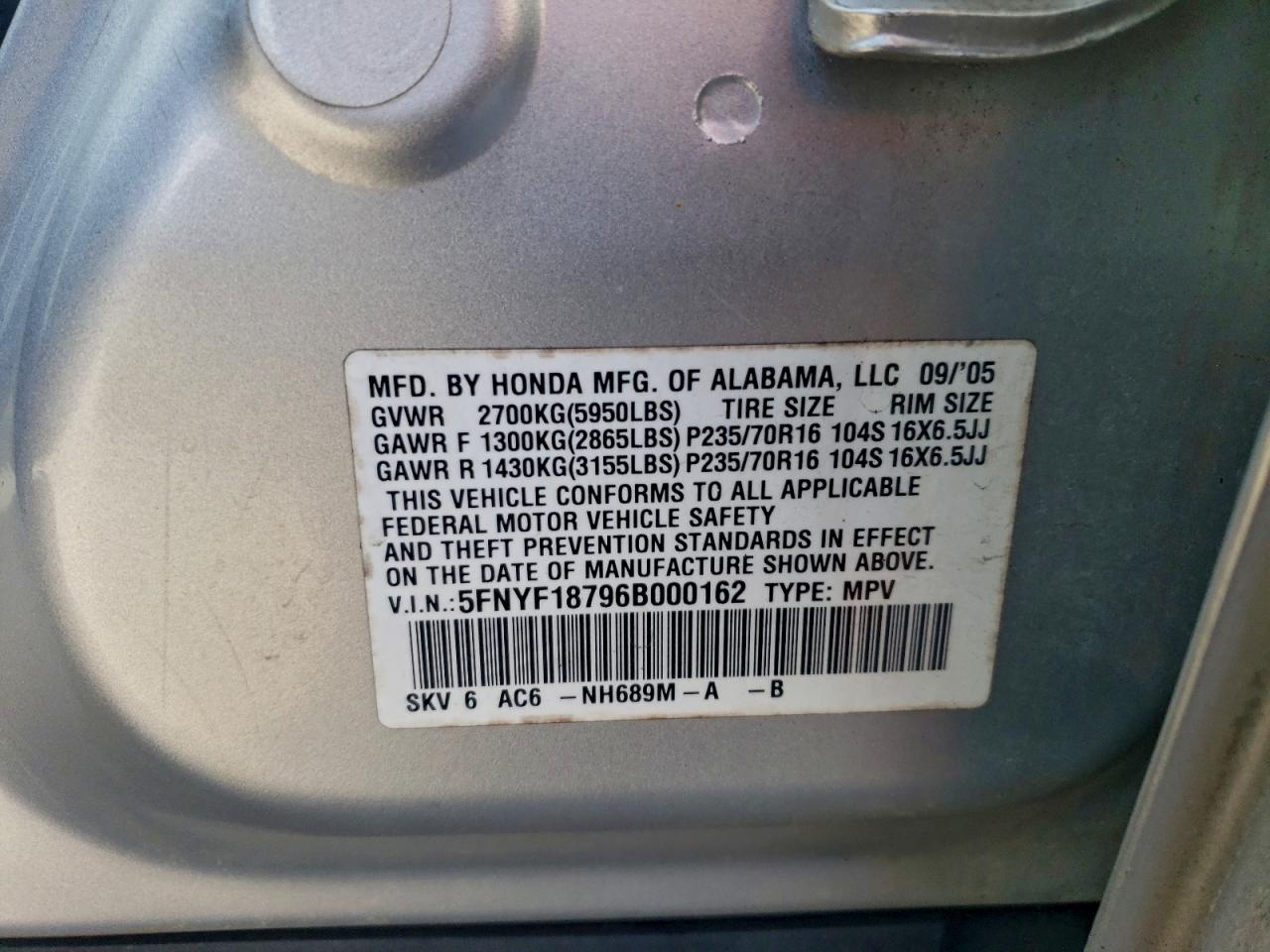 2006 Honda Pilot Ex VIN: 5FNYF18796B000162 Lot: 94380005