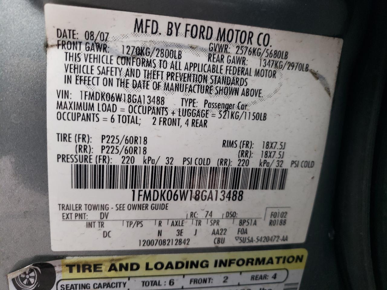 2008 Ford Taurus X Limited VIN: 1FMDK06W18GA13488 Lot: 90930495