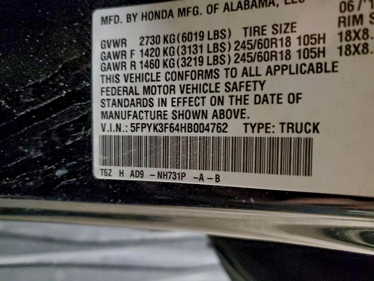 2017 Honda Ridgeline Rtl VIN: 5FPYK3F64HB004762 Lot: 94443735