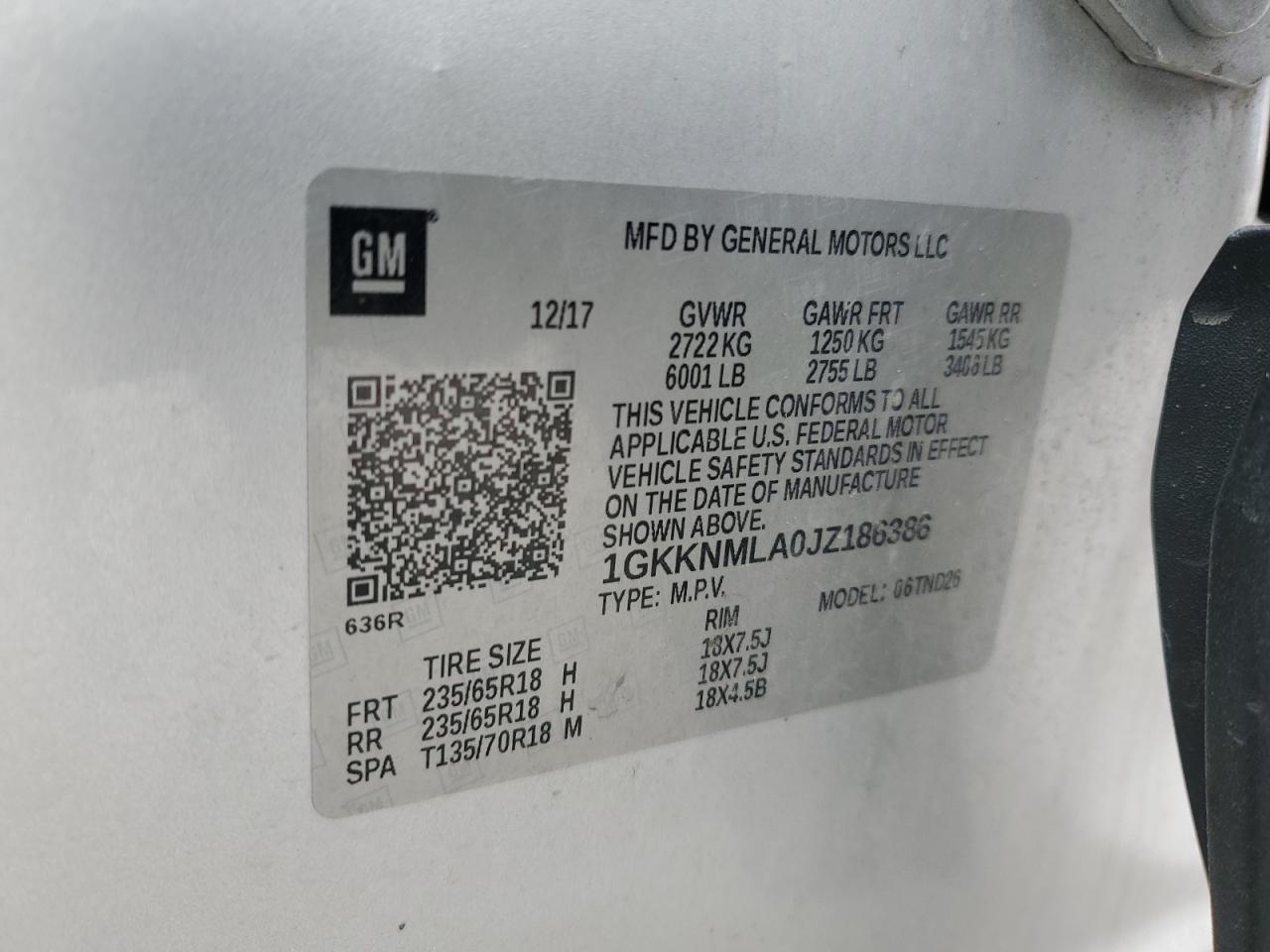 2018 GMC Acadia Slt-1 VIN: 1GKKNMLA0JZ186386 Lot: 92421025