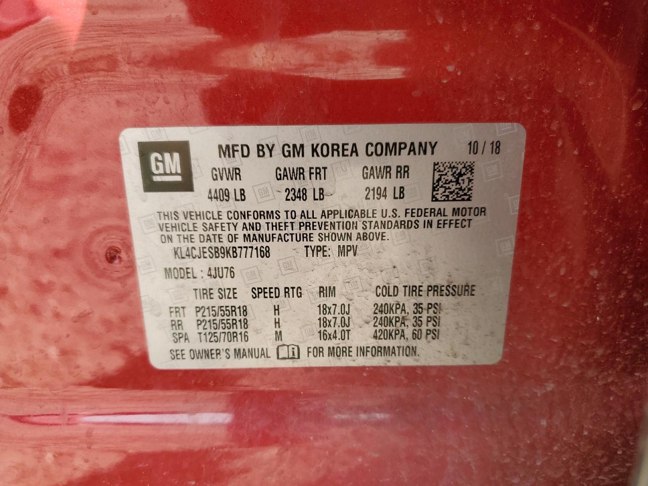 2019 Buick Encore Preferred VIN: KL4CJESB9KB777168 Lot: 91917775