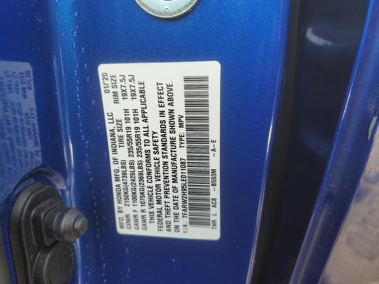 2020 Honda Cr-V Touring VIN: 7FARW2H95LE011087 Lot: 92530205