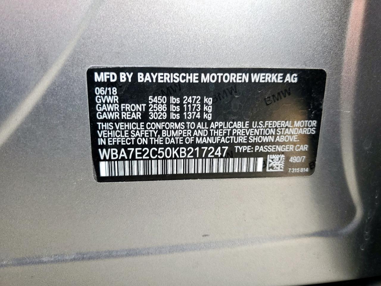 2019 BMW 740 I VIN: WBA7E2C50KB217247 Lot: 92821075