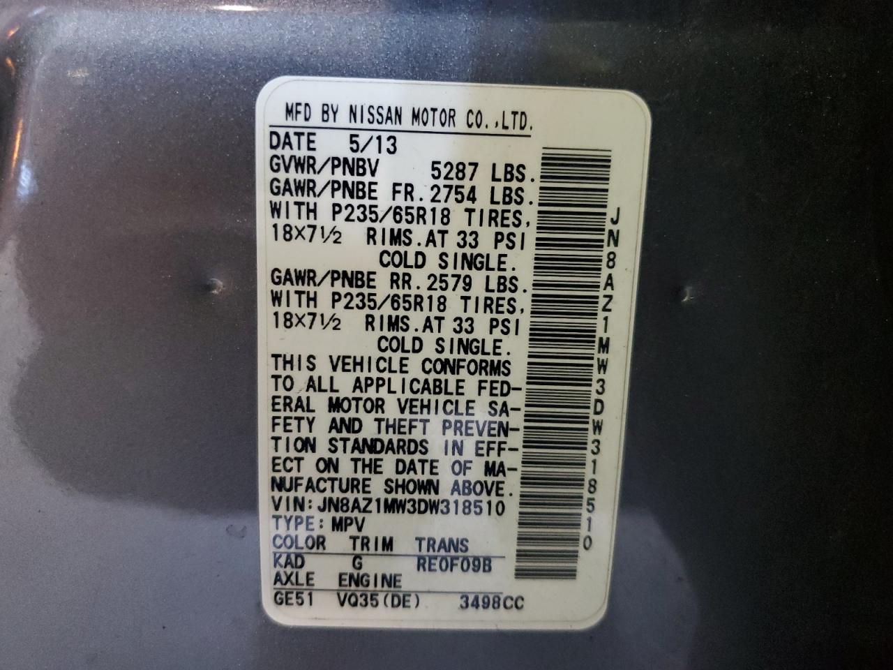 2013 Nissan Murano S VIN: JN8AZ1MW3DW318510 Lot: 91278115