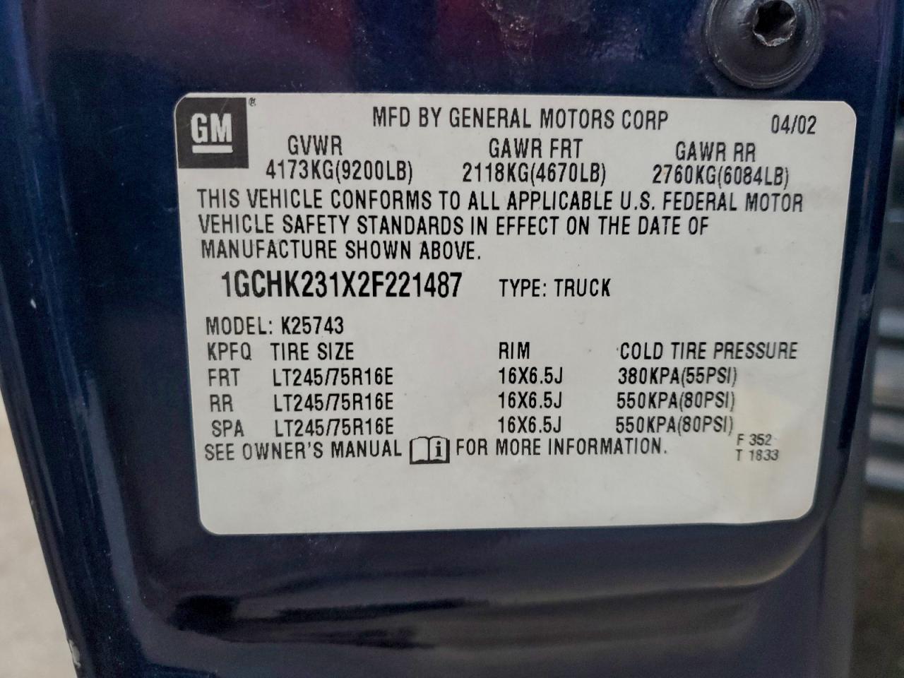 2002 Chevrolet Silverado K2500 Heavy Duty VIN: 1GCHK231X2F221487 Lot: 93695175