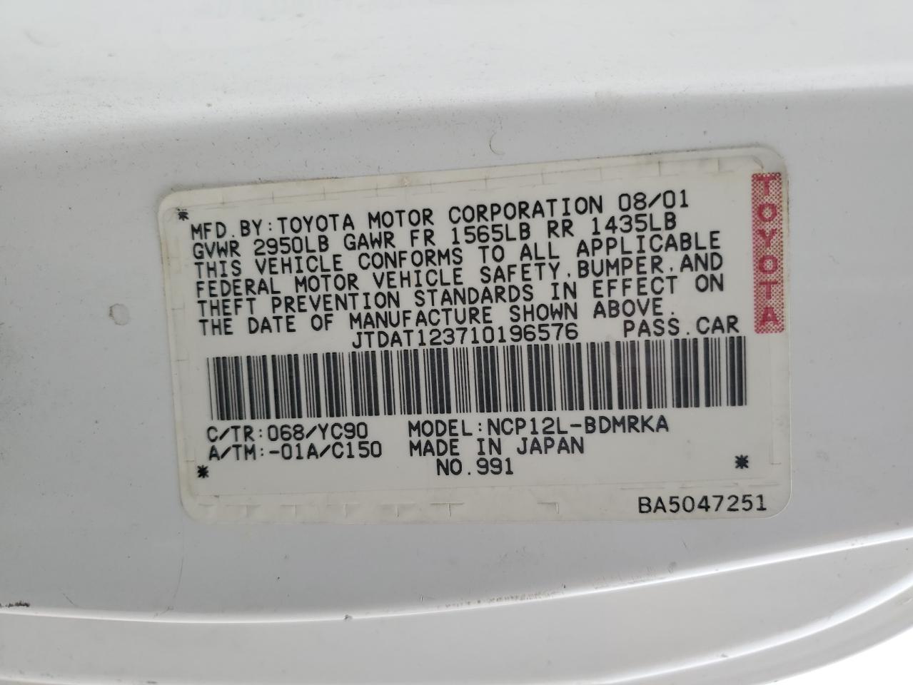 2001 Toyota Echo VIN: JTDAT123710196576 Lot: 90837845