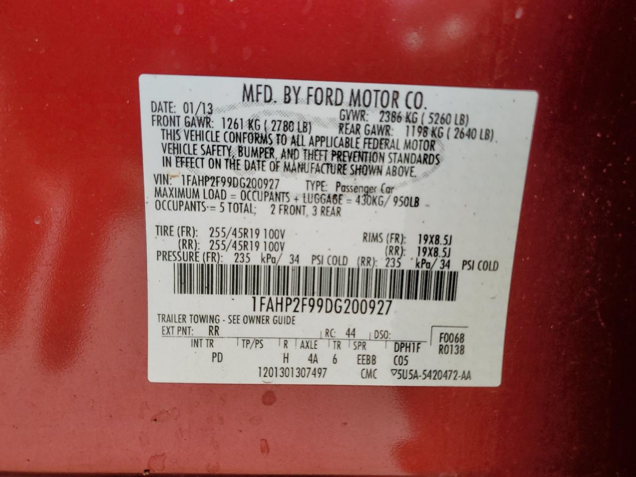 2013 Ford Taurus Limited VIN: 1FAHP2F99DG200927 Lot: 92342975