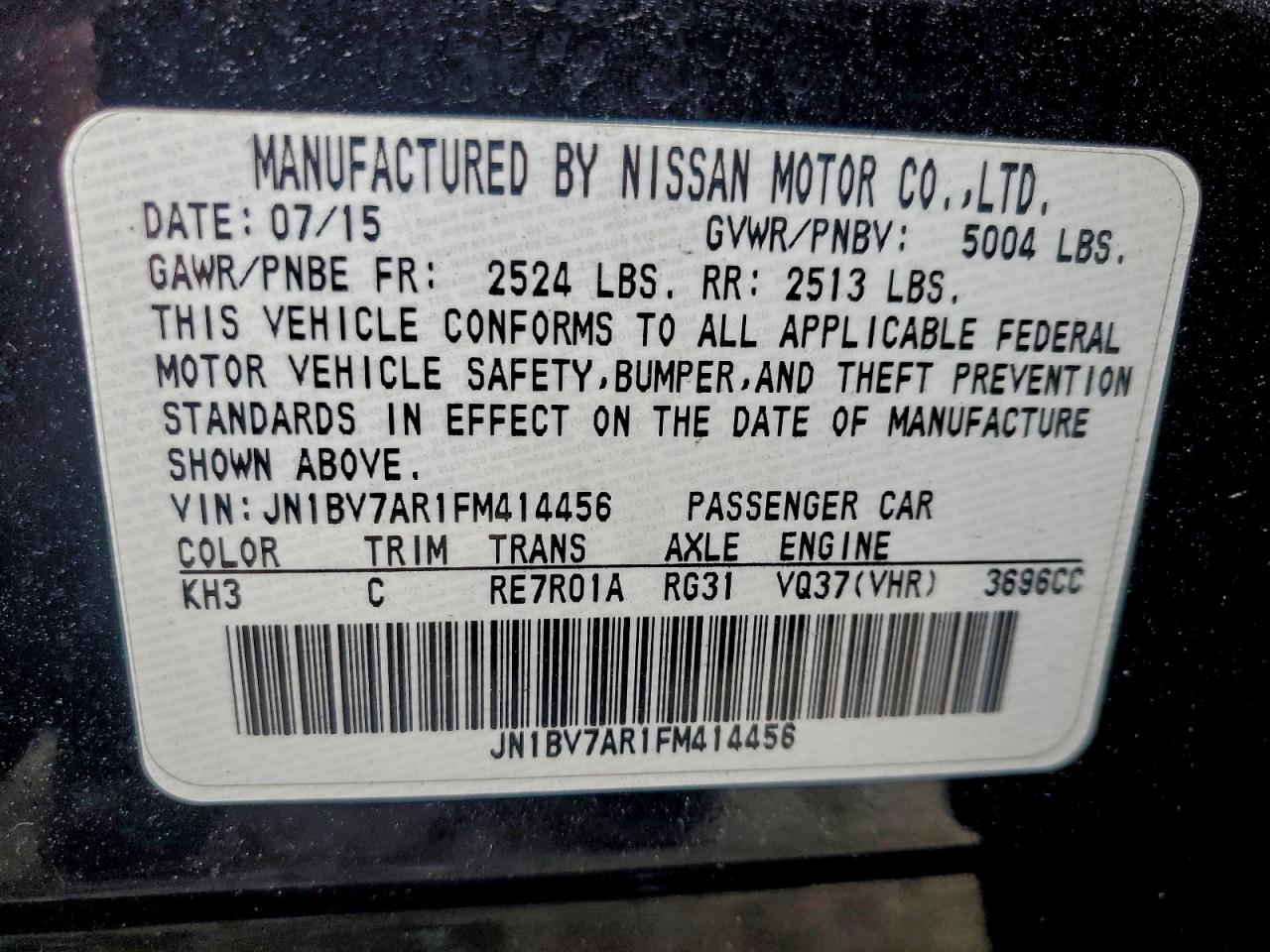 2015 Infiniti Q50 Base VIN: JN1BV7AR1FM414456 Lot: 94401285