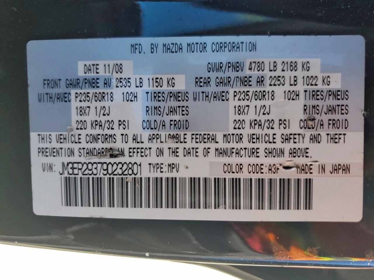 2009 Mazda Cx-7 VIN: JM3ER293790232801 Lot: 94126855