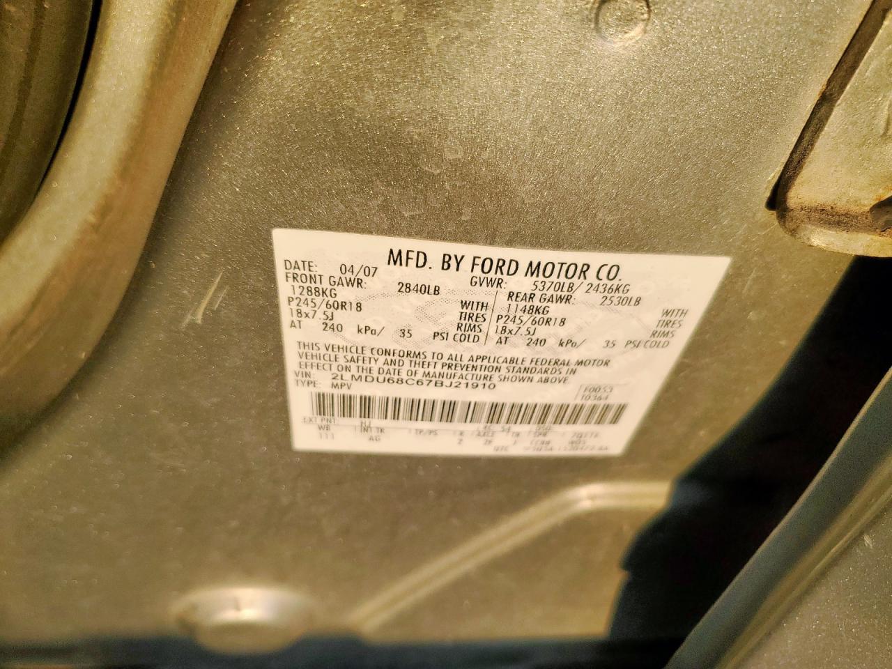 2007 Lincoln Mkx VIN: 2LMDU68C67BJ21910 Lot: 91643835