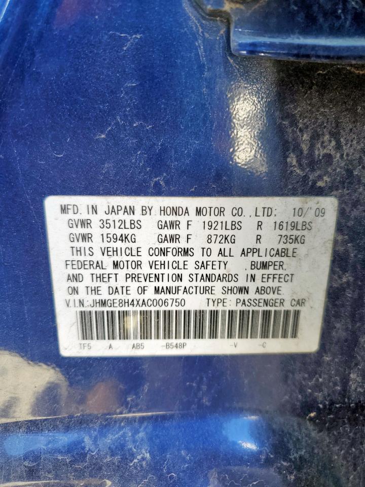 2010 Honda Fit Sport VIN: JHMGE8H4XAC006750 Lot: 91435215