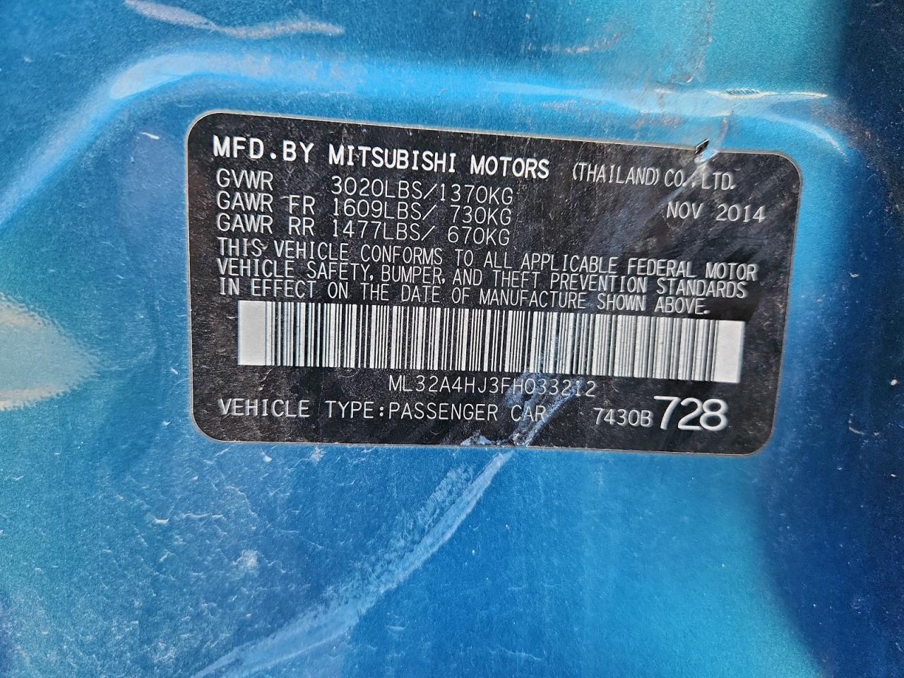 2015 Mitsubishi Mirage Es VIN: ML32A4HJ3FH033212 Lot: 94183345