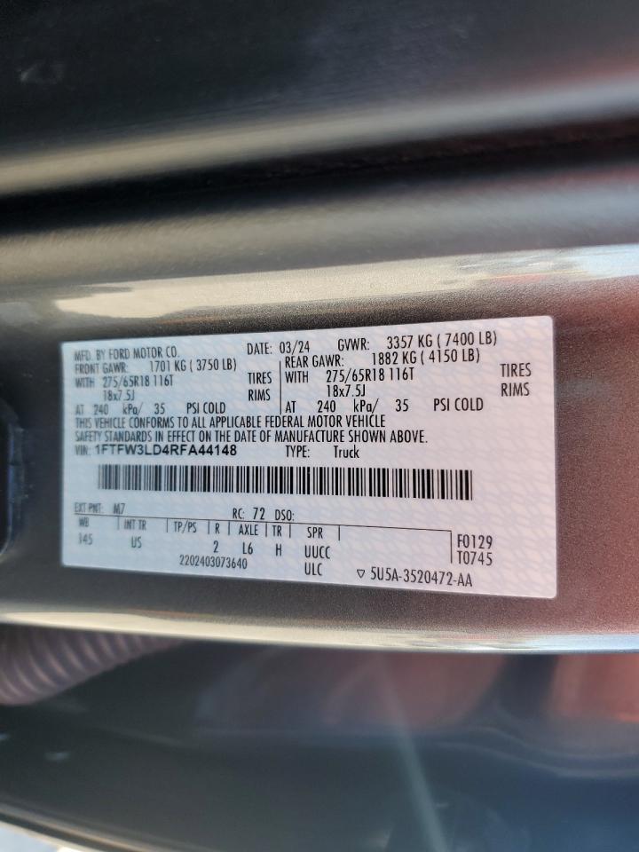 2024 Ford F150 Xlt VIN: 1FTFW3LD4RFA44148 Lot: 91002665