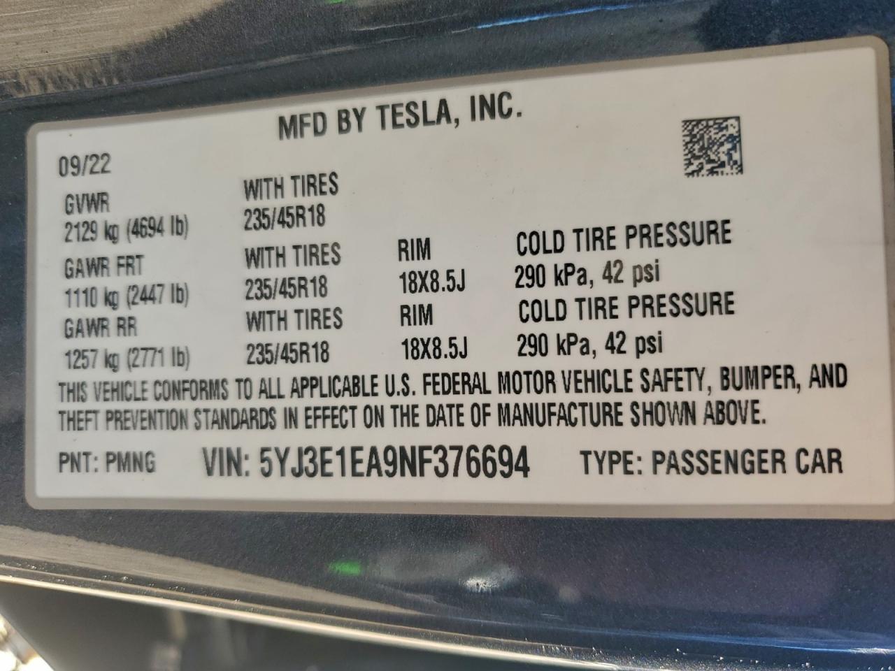 2022 Tesla Model 3 VIN: 5YJ3E1EA9NF376694 Lot: 94272175