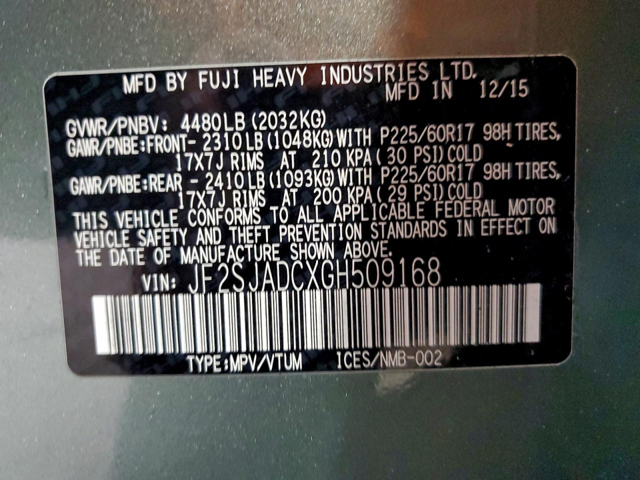 2016 Subaru Forester 2.5I Premium VIN: JF2SJADCXGH509168 Lot: 93292485